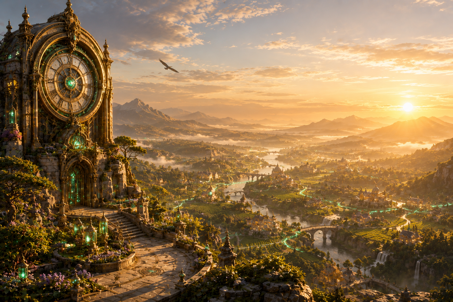 Timeation clockwork sanctuary overlooking a sunlit valley