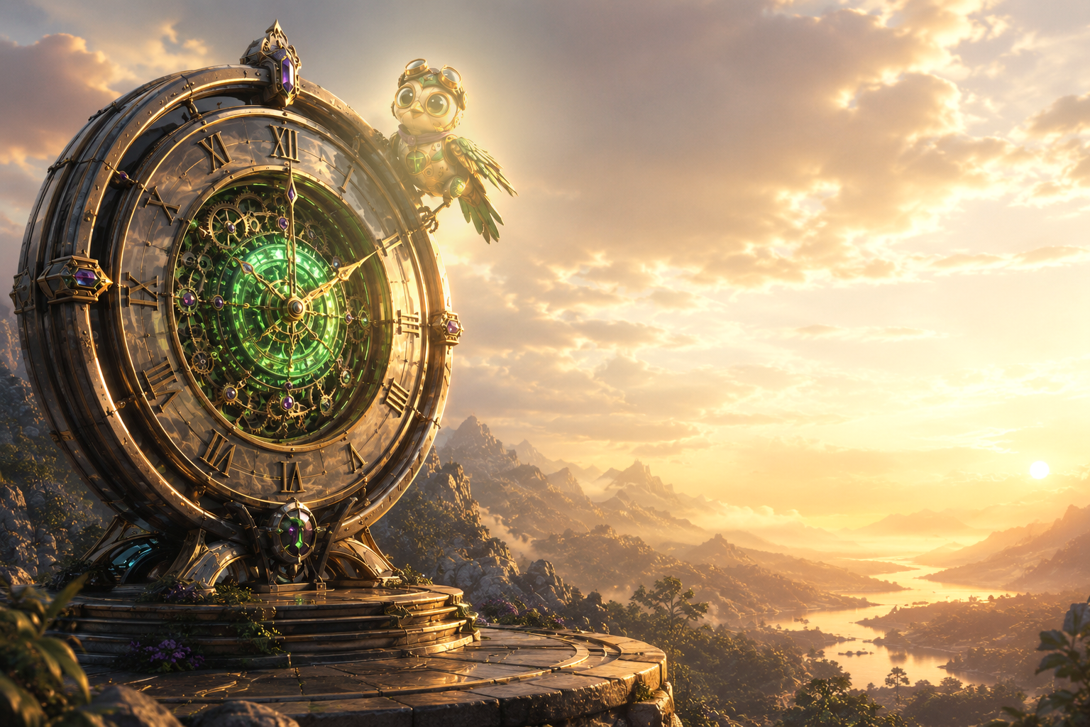 Timeation clockwork gateway above a sunlit valley